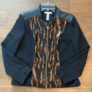 Chico’s Black Semi fitted gold zipper coat with hints of gold & sequins size 12